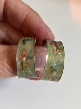 Vintage Pair of metal hoop earrings green swirl painted